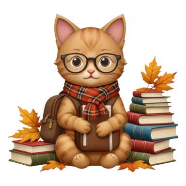 A soft brown kitten with a plaid scarf, tiny bookbag, and glasses, sitting on a stack of books with falling autumn leaves. sticker