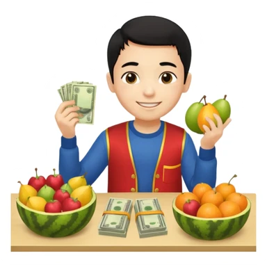 chico piel clara pelo negro con ropa de frutero sentado en una mesa contando mucho dinero sticker