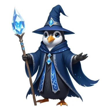 A mysterious penguin mage with sleek midnight-blue feathers, wearing a flowing black robe adorned with silver runes. A tall, pointed wizard hat sits slightly tilted on his head, the brim casting a shadow over his glowing icy-blue eyes. His flipper clutches an ancient wooden staff topped with a swirling crystal, radiating a soft, cold light. Snowflakes drift around him as he stands on a frozen cliff, his aura crackling with arcane energy, ready to summon a blizzard with a flick of his staff. sticker