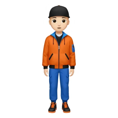 bald 16 year old wearing a black cap and a orange jacket but the collar is a letter v connecting until the bottom and the outline is black and black pocket and blue pants with red pockets and black shoes sticker