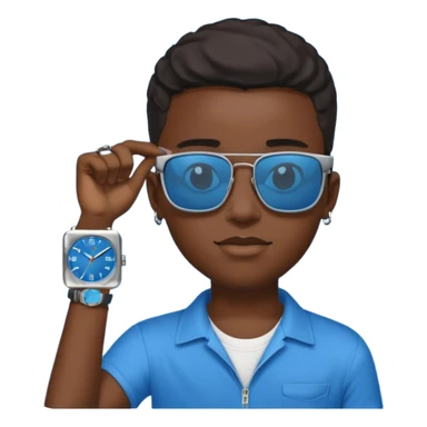 Un garçon noir avec des lunettes de soleil un peu bleu avec un cadran plutôt carré et SANS QU’ON VOIT SES YEUX. Et au dessus de sa tête il y a écrit BOUSs on dois pas voir ses yeux sticker