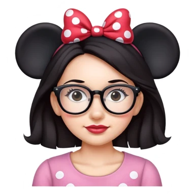 Woman dark hair wearing glasses Minnie mouse ears sticker