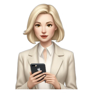 pale skin woman with ash blonde Straightened bob Hair, White Spacious classical jacket, beige palazzo Arrow pants and gray blouse holding white IPhone 14 pro in the hands sticker