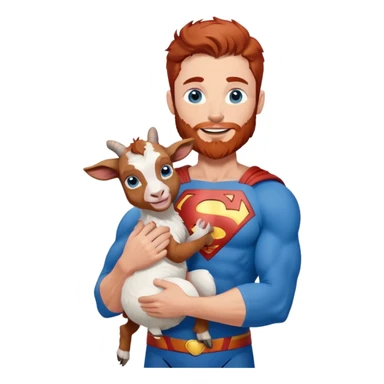 Full body Adult Superman Blue Eyes Scruffy Redish hair and redish trimmed Beard Muscle happy holding a blue haired happy baby goat sticker