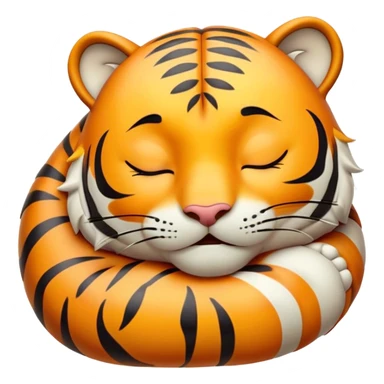 Meme-Worthy cute Sleeping Tiger Portrait Emoji, Head resting peacefully with a contented smile, showcasing a luxuriously striped form and eyes gently closed in serene slumber, Simplified yet comically adorable features, highly detailed, glowing with a soft, drowsy wild light, high shine, relaxed and utterly lovable, stylized with an air of playful laziness, bright and heartwarming, soft glowing outline, capturing the essence of a sleeping tiger that feels destined to become the next viral icon of adorable rest! sticker
