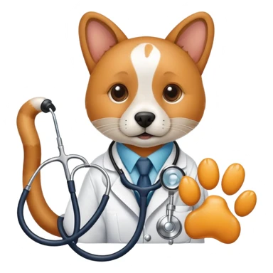 An icon featuring a stethoscope, a microscope, and an animal paw print, symbolizing veterinary science. The design includes a dog and a cat in the background, representing animal health research, diagnostics, and treatments. Transparent background highlights the scientific study of animal care. sticker