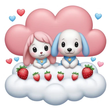  Couple DP in AI emoji style with Cinnamoroll and Snoopy. Both wear strawberry-themed accessories, sitting together on a pastel pink cloud with hearts, sparkles, and strawberries around. Cute, soft, and romantic vibe. sticker