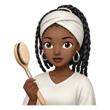  A dark-skinned Black woman with black box braids, wearing a headband, applying a face mask, holding a skincare brush. sticker