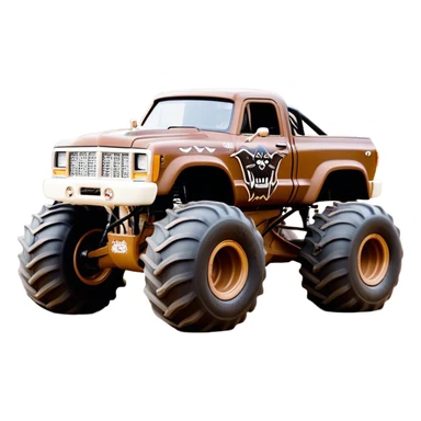 Monster Mutt - Monster Jam (Model Year: 2021) (Iconic colour: Brown with dog features) - A unique monster truck with playful, dog-inspired design cues. The vehicle is painted in warm brown tones and features subtle dog motifs (such as a stylized snout or ear shapes). It should blend the rugged power of a monster truck with quirky, endearing canine features. sticker