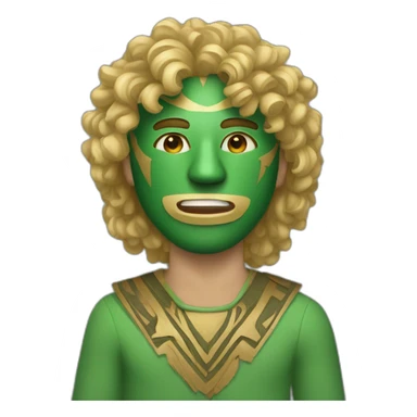 A man wearing a green wooden tribal mask with medium length blonde curly hair sticker