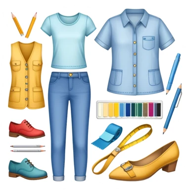 Icon for Fashion Design: sketches of clothing, shoes, and accessories with design tools like a pencil, fabric swatches, and a measuring tape. The icon should represent creativity in fashion design and tailoring. Transparent background. sticker