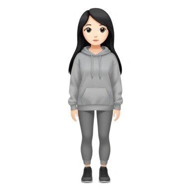 full-body female avatar, flat vector, long black hair, oversized sweatshirt, neutral background sticker