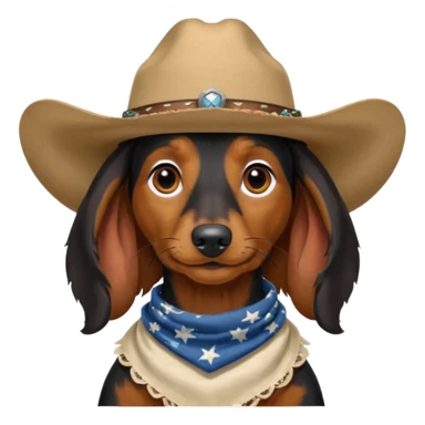 mostly black with some brown long hair daschund with a cowboy hat, ears curl out a bit and bandana sticker