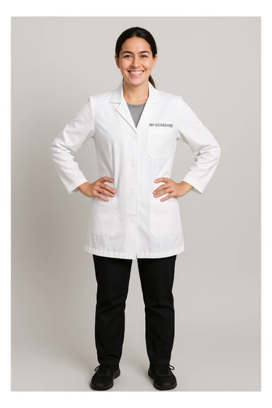 full body physiotherapist in white coat, smiling, hands on hips sticker