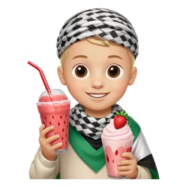 3-year-old boy wearing Palestinian flag-coloured clothes and a traditional Palestinian keffiyeh, smiling, holding a strawberry milk shake sticker
