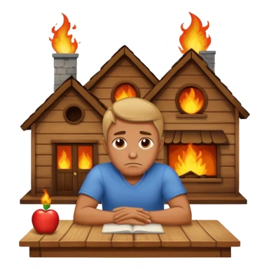 a man sits sadly at a table, with a burning house behind him, apple style emoji sticker