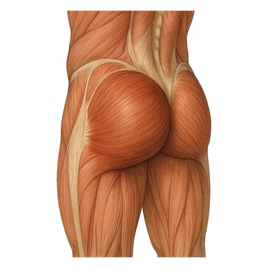 realistic and educational illustration of the gluteus maximus muscle with surrounding muscles highlighted, anatomical details, neutral background, no explicit references to sensitive parts sticker