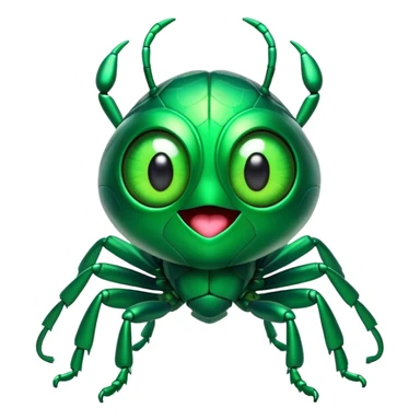 Cinematic Comical Green Bugdie Portrait Emoji, Head tilted dramatically with an exaggeratedly amused expression, featuring a striking, glossy emerald exoskeleton with bold patterns, wide, expressive multifaceted eyes filled with playful disbelief, Simplified yet hilariously expressive features, highly detailed, glowing with a slightly sassy glow, high shine, dramatic yet playful, stylized with an air of cheeky mischief, bright and endearing, soft glowing outline, capturing the essence of a spirited and over-the-top bug, so meme-worthy it feels like it could side-eye its way into internet fame instantly! sticker