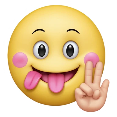 The image is a digital illustration of a yellow smiley face with big, round eyes and a big smile. The face is holding a pink tongue sticking out and making a 67 with its fingers. Above the face, The background is white. sticker