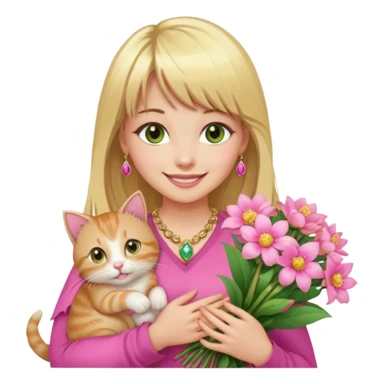 Long blonde haired with bangs, and big boobs smiling woman with hazel geen eyes, wearing pink and gold gemstone chains,  holding a big bouquet of beautiful bright flowers and kitten sticker