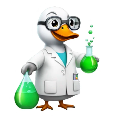 Goose wearing chemistry lab coat goggles and has flask with chemicals sticker