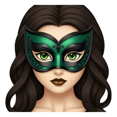 Greeneyed Woman hair with Long Dark brown hair wearing Black venetian mask sticker