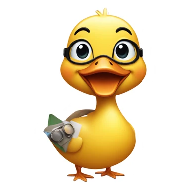 Happy cute duck. Crossed road. Summertime. Wearing a bathing suit and swim goggles sticker