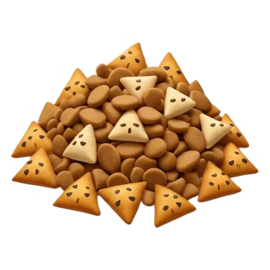 small handful of dry pet food pieces in varied shapes round triangular pillow-like warm brown tones slightly rough matte texture irregularly scattered crunchy bite-sized format no bowl packaging or extras just croquettes soft lighting subtle shadows emoji scale sticker