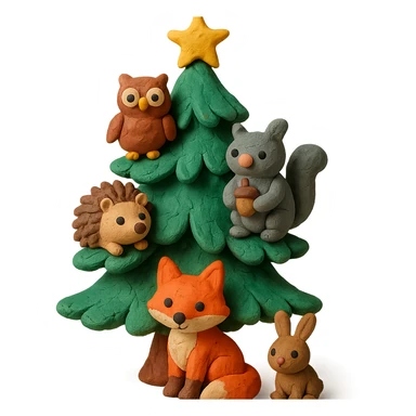 pine tree decorated with woodland critters in claymation style sticker