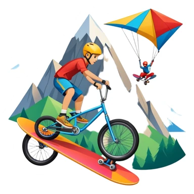 An emblem-style design representing extreme sports and lifestyle, featuring symbols of adventure such as a mountain, a skateboard, a kite, and a bike. The design is bold and dynamic, with sharp lines and energetic colors, capturing the essence of thrill, freedom, and adrenaline. sticker