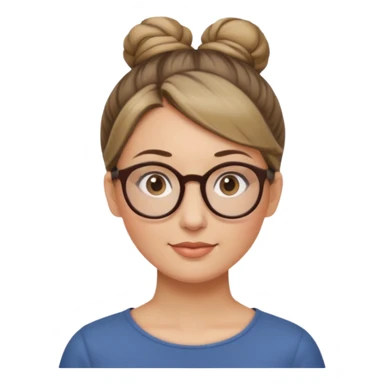 femme de 38 ans avec des cheveux blond foncé sans mèche devant, un chignon haut, yeux bruns, lunettes rondes sticker