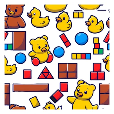 Colorful toys scattered together - teddy bear, rubber duck, toy blocks, ball, and action figures sticker