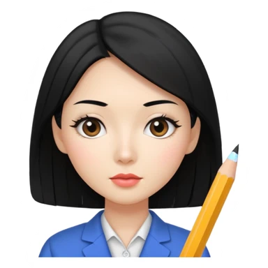a korean cosmetics marketing expert women with black hair, holding a pencil sticker