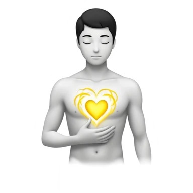 minimalist b&w male silhouette with flowing black-and-white curves across the lower body, now overlaid with a small, softly glowing spark or radiant light near the chest or head — heart symbolizing inspiration, inner fire, and creative energy awakening” yellow glow sticker