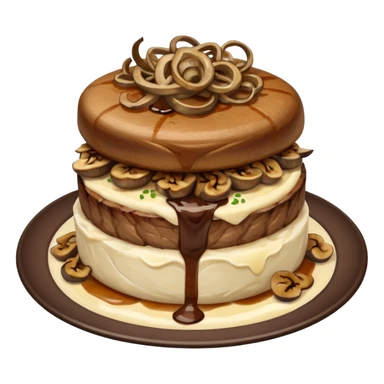 Filet mignon medium rare, mashed potatoes and gravy , in grilled chopped onions and grilled mushrooms, topped with crispy onions  sticker