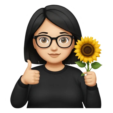 Make my biology teacher shes light brown, wears glasses, female, fat, all black sweater down and sunflower shirt under and make her give 1 thumbs up and she has black hair and chubby sticker