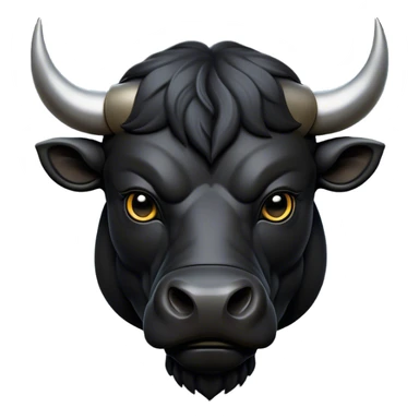 Cinematic Noble Black Bull Portrait Emoji, Poised and regal, with a massive, muscular build and a sleek, well-groomed pure black hide, deep-set soulful dark eyes, Simplified yet sharp and sophisticated features, highly detailed, glowing with a soft, dignified glow, high shine, intelligent and formidable, stylized with an air of strength, focused and attentive, soft glowing outline, capturing the essence of a watchful and confident guardian, so majestic it feels as though it could charge out of the screen with effortless authority! sticker