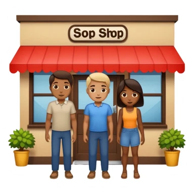 2 grown  2D line-drawn characters + small shop sticker