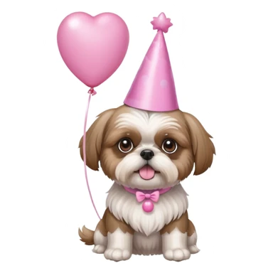 cute shih tzu hold a few cute pink balloons  with pink birthday hat sticker