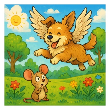 a whimsical dog with feathered wings flying over a surprised mouse in a park, colorful illustration sticker