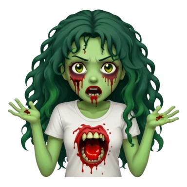a zombie with long curly black hair volumoso, brown eyes, a white t-shirt and a splash of blood on her t-shirt, mouth open like a zombie, green skin color, not much expression, no drawing on shirt, no hands showing, less blood on her face, less blood, black hair and black eyes sticker