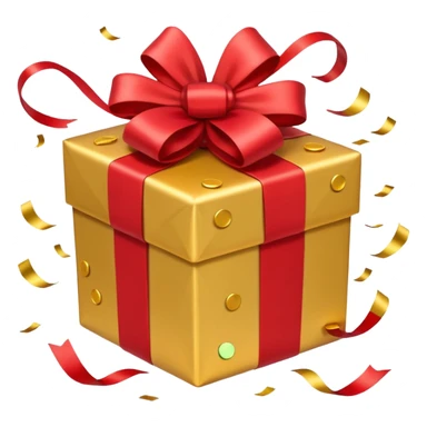 present with gold wrapping and red ribbon with top off and confetti coming out sticker