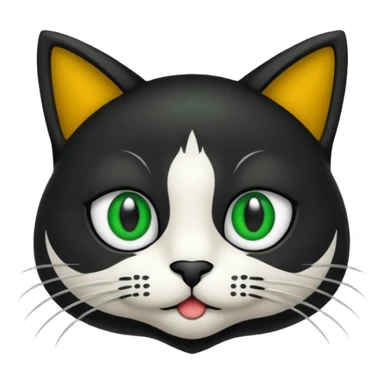 crie uma imagem de um gato preto com uma mancha branca no peito o gato tem olho verde  tudo no estilo de animação sticker