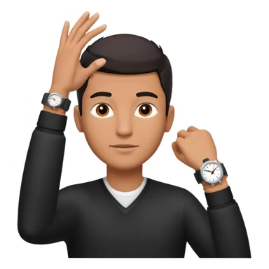 diverse man wearing a black strap watch on his wrist portrait, head and shoulders only, wrist raised slightly showing the watch clearly, modern style, 3D cartoon, mobile game icon style, clean background, no text, no watermark
 sticker
