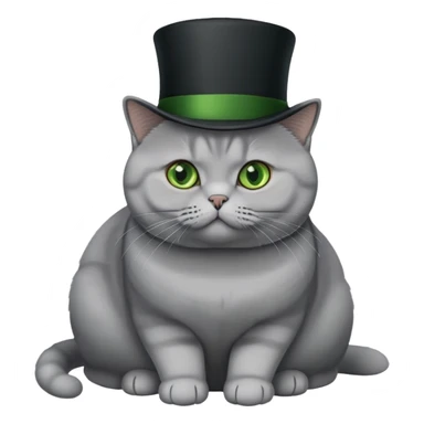 gray British Shorthair cat full body sitting with a black top hat and green eyes sticker