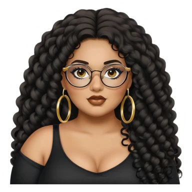 big plus size, latina, darker tan skin, gold hoops, long black curly hair, baddie,pretty, makeup, lipgloss, black eyeliner, long hair, black top, black glasses sticker