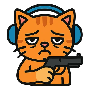 tired sad cat holding a gun, wearing headphones, colored icon sticker