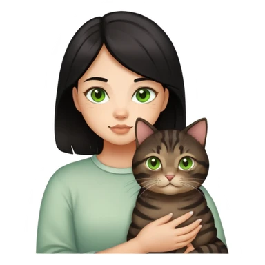 A girl with black hair with some high lights holding a chubby dark brown tabby cat with green eyes sticker
