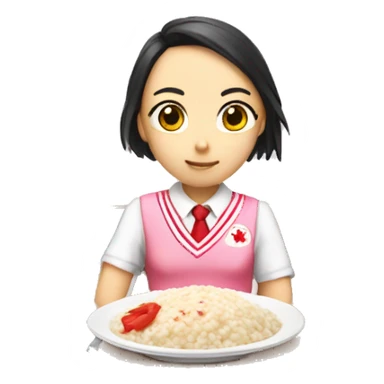 An avatar wearing pink panties red all-star with school uniform with japanese kanji eating a risotto sticker