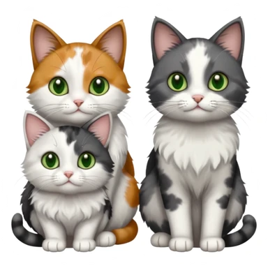 3 different coloured small cats including a dark grey and white, and a patchy calico with hazel eyes and a completely solid dark grey with green eyes and only white paws sticker
